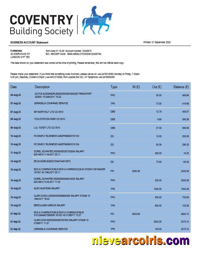 Coventry Building Society organization checking account statement